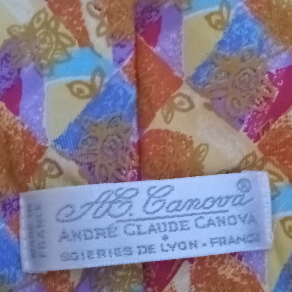 Yellow and Peach Andre Claude Canova French silk tie